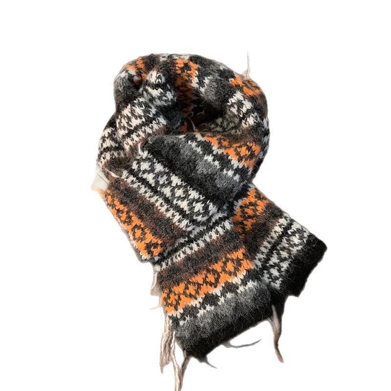 Fair Island Mohair Knitted Scarf Women's Winter Korean Atmosphere Retro Thickened Warm Wool Scarf