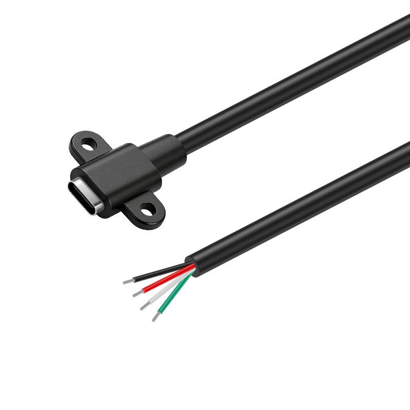 Type-C Four-Core Female Socket Data Cable with Horizontal Charging Port and Fixed Screw Holes