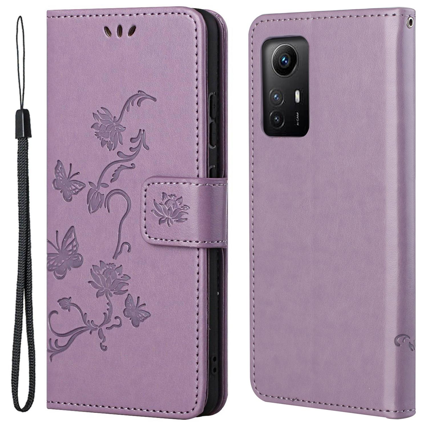 

Leather Phone Case for Xiaomi Redmi Note 12S 4G Butterfly Flower Imprinted Flip Stand Wallet Cover Purple