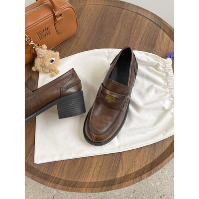 Cowhide Version~ Retro Brown Leather Lazy One-pedal Female British Thick Heel Platform Gold Coin Small Leather Shoes