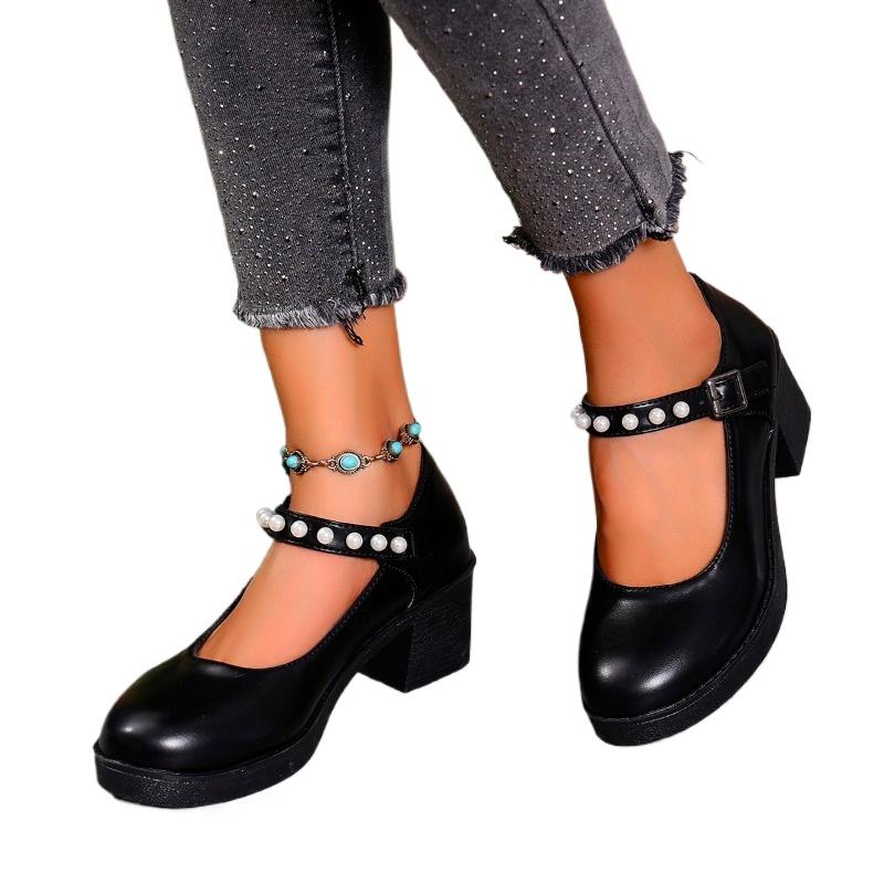 Fashion 2025 Plus Size Women's Mary Jane High Heels Round Toe String Bead Buckle Strap Chunky Heel Pumps for Retro Office & Career Shoes