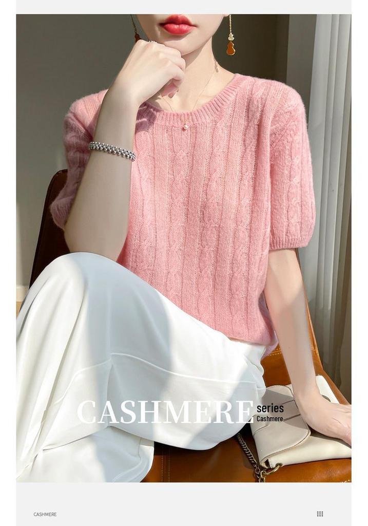 Women's 35% Cashmere Cable Knit Sweater, Round Neck, Short Sleeve, Commuter Style