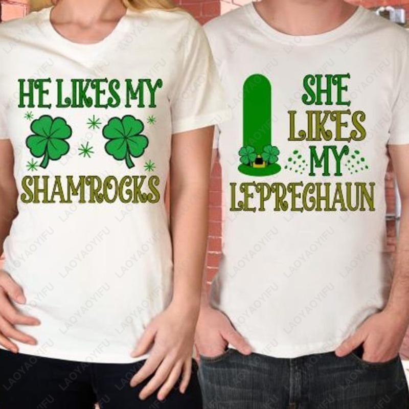 Saint Patricks Day Couple Tee Fun Festival Graphic Simple Style Oneck Printed Unisex Cotton Tshirt Man Women Lovers Clothes