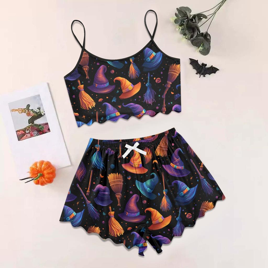 Women's Halloween Set With Retro Floral Print Suspender Sleeveless Vest Shorts Pajama Set