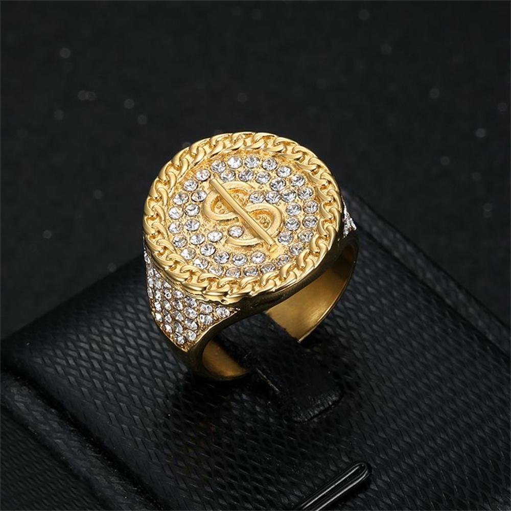 Hip Hop Iced Out Bling Dollar Signs Ring Male Gold Color Stainless Steel Rapper Big Round Money Rings For Men Party Jewelry Gift