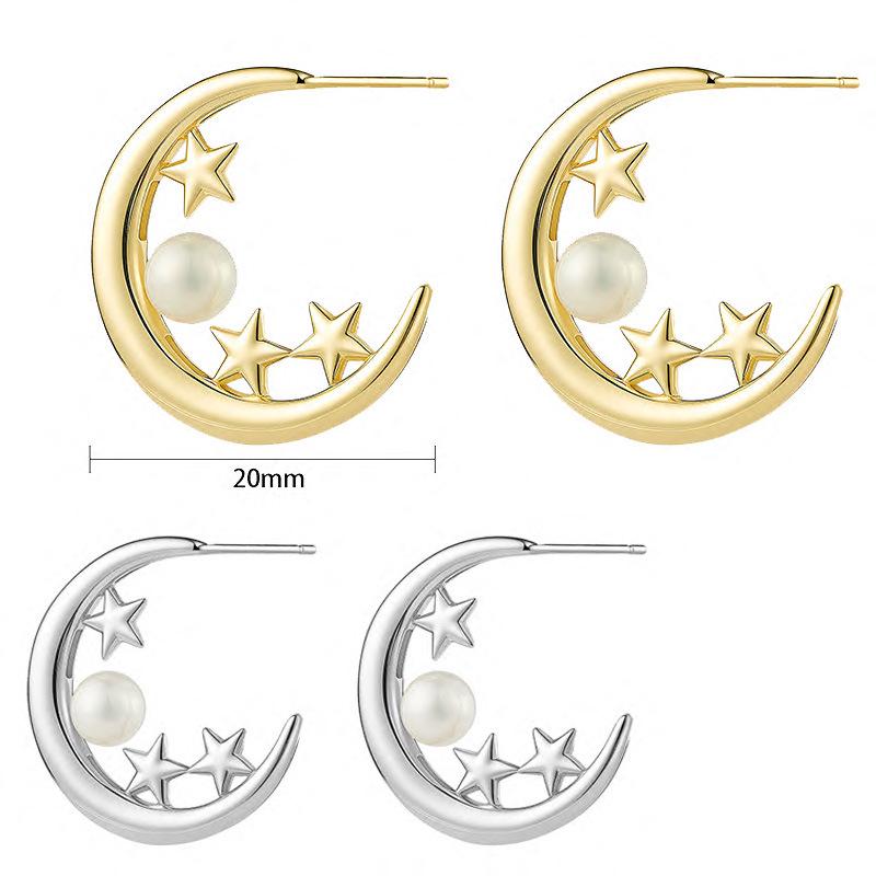 925 Sterling Silver Baroque Pearl Earrings with Moon & Star Design - Women's Hot Item