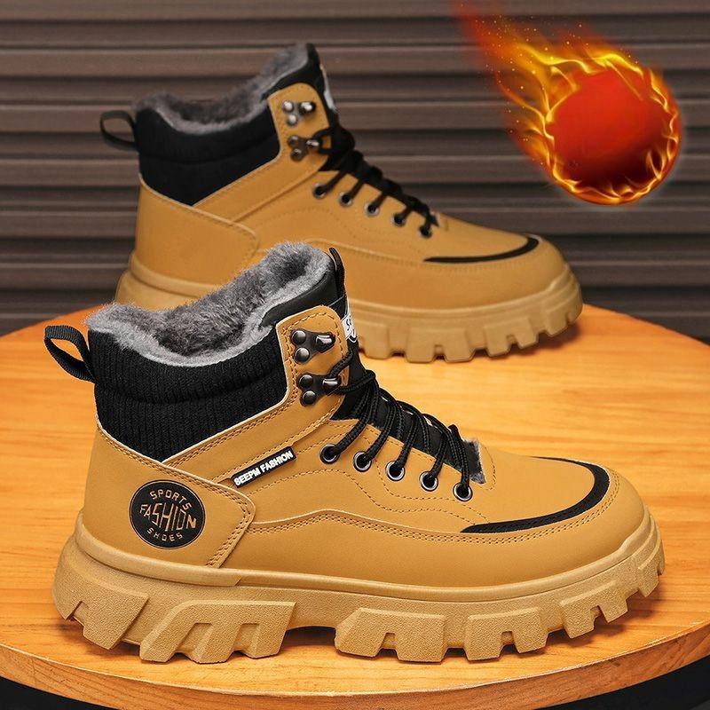 Winter Men's High Top Thermal Work Boots British Style Plush Lined Waterproof Leather Casual Shoes Non-Slip Warm Chunky Sneakers