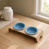 Raised Double Cat Bowl Curved Wood Wooden Stand Arched Legs Glossy Purple