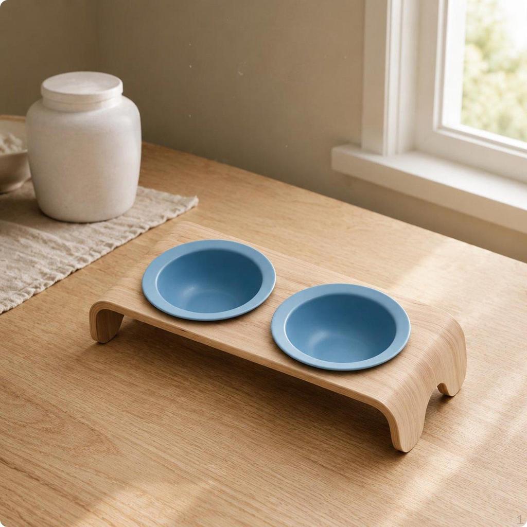 Raised Double Cat Bowl Curved Wood Wooden Stand Arched Legs Glossy Purple