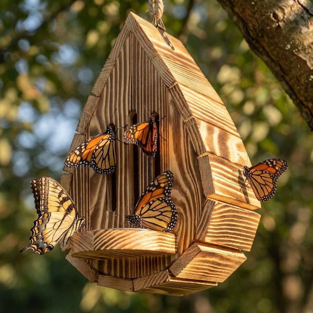 Rustic Wood Butterfly Bee House Teardrop Shaped Butterfly Habitat Shelter Patio Decor