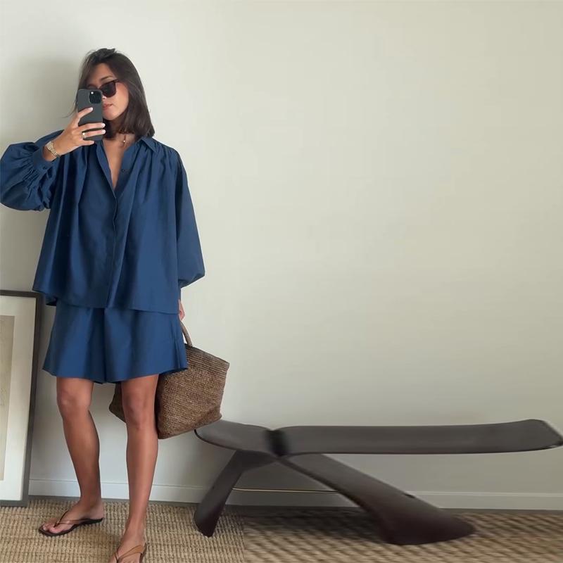 Women's Long Sleeved Shirt Shorts Set Summer New Style Casual Loose Fit Solid Color Versatile Daily Commuting Style Women's Loose Clothing Set