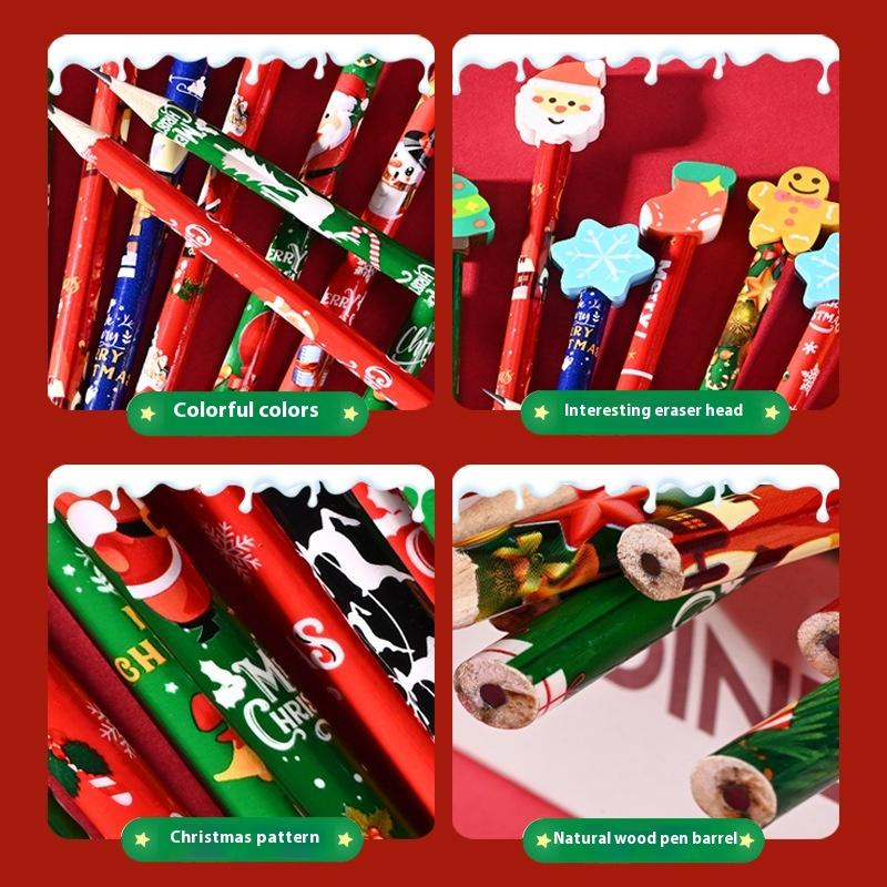 12Pcs Christmas Pencils With Cartoon Eraser Santa Claus Xmas Tree Wooden Pencils For Student School Supplies Children'S Gifts