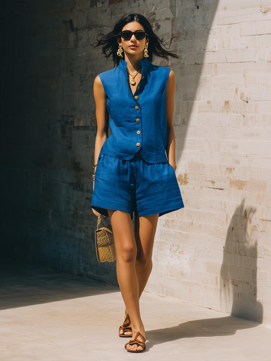 

Women Sleeveless Blazer Vest And Shorts Set Lapel Button Front Pocket Casual Two Piece Outfits Summer Wear S