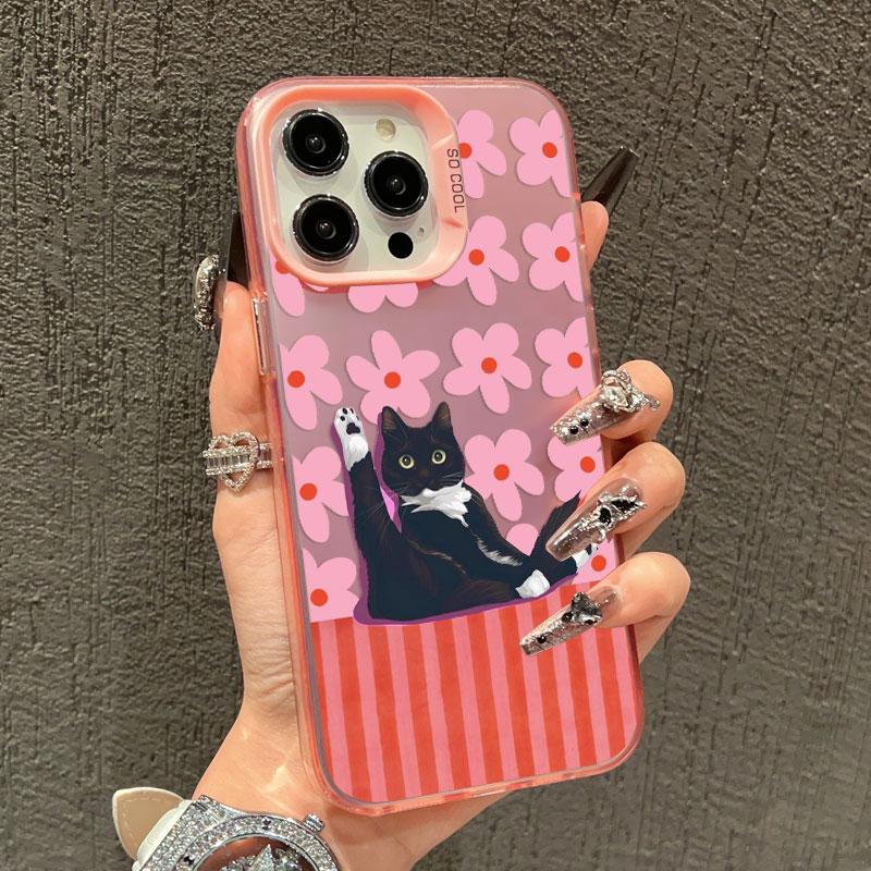 Pink Flower And Black Cats Laser Phone Case for iPhone 15 14 Pro Max Plus 17 16 Pro Max 13 Mini 12 11 Pro Max Shockproof Covers