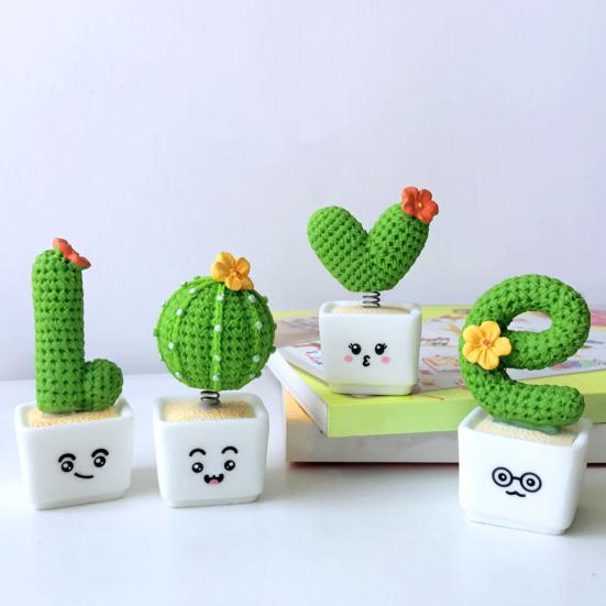 4Pcs/Set Mini Potted Cactus Ornament Cartoon Expression LOVE Shape Cactus Planter Pot Statue Figurine