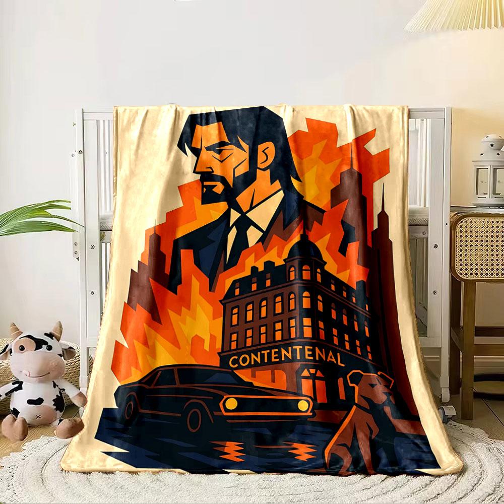 A stylized cityscape with flames, a building, a car, and a dog in focus. for all seasons blanket lunch break throw gift 80cm x 120cm