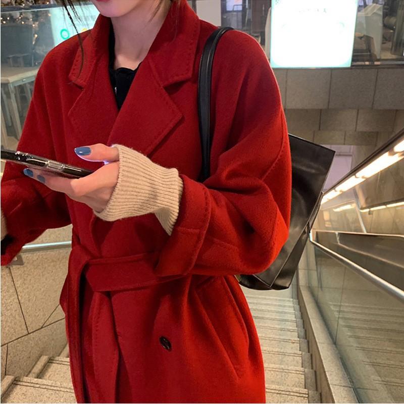 

Двустороннее кашемировое пальто, модный темперамент, ощущение высокого класса, пояс, средней длины шерстяное пальто, женское 1 M красный