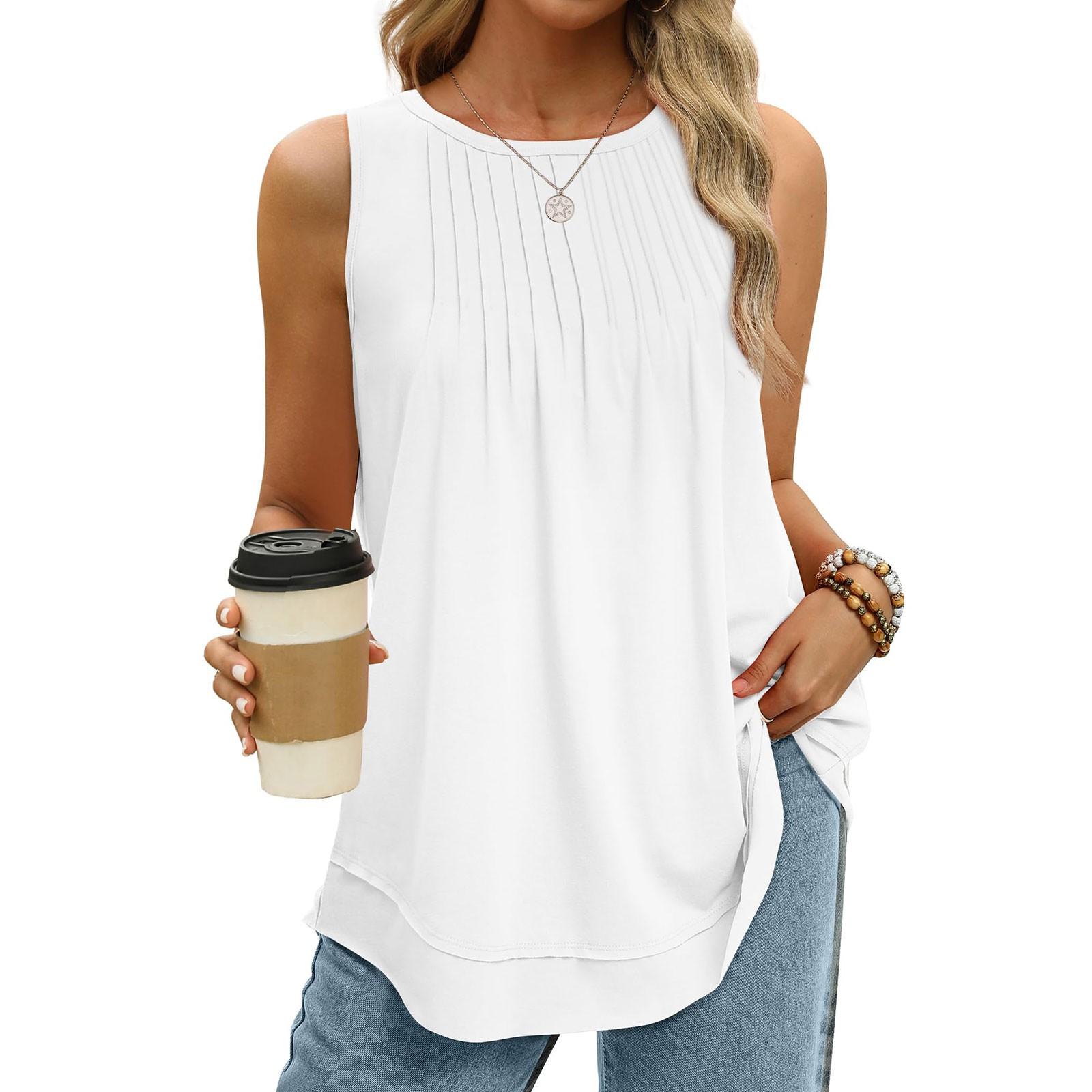 

Женские летние модные топы на бретелях 2024, свободные плиссированные рубашки без рукавов с изогнутым подолом, струящаяся одежда XXL белый