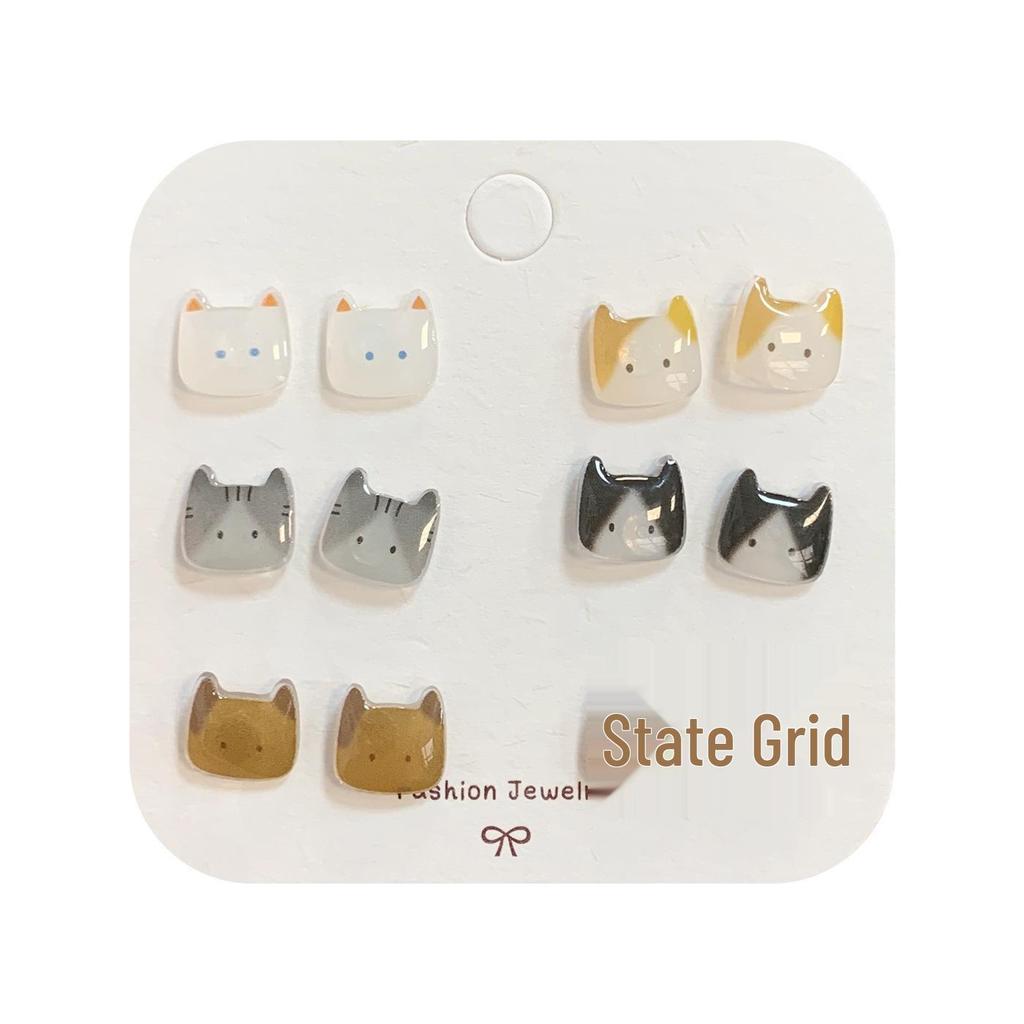 Exquisite Japanese Cute Cat Head Silver Stud Earrings for Women