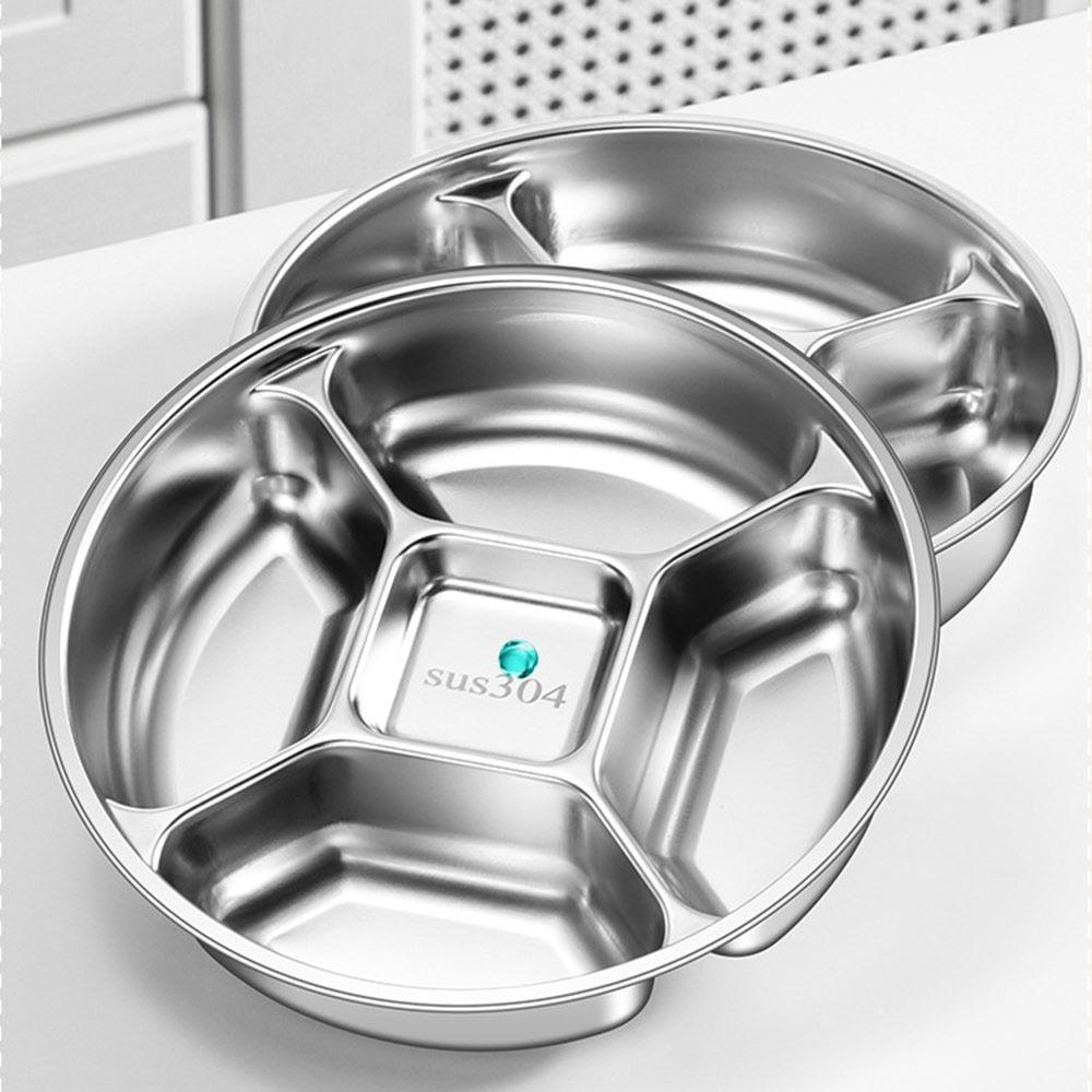 Stainless Steel Kitchen Food Preparation Tray Fall-resistant with Four Compartments 5 Grid Side Dishes Tray Round Dinner Plate