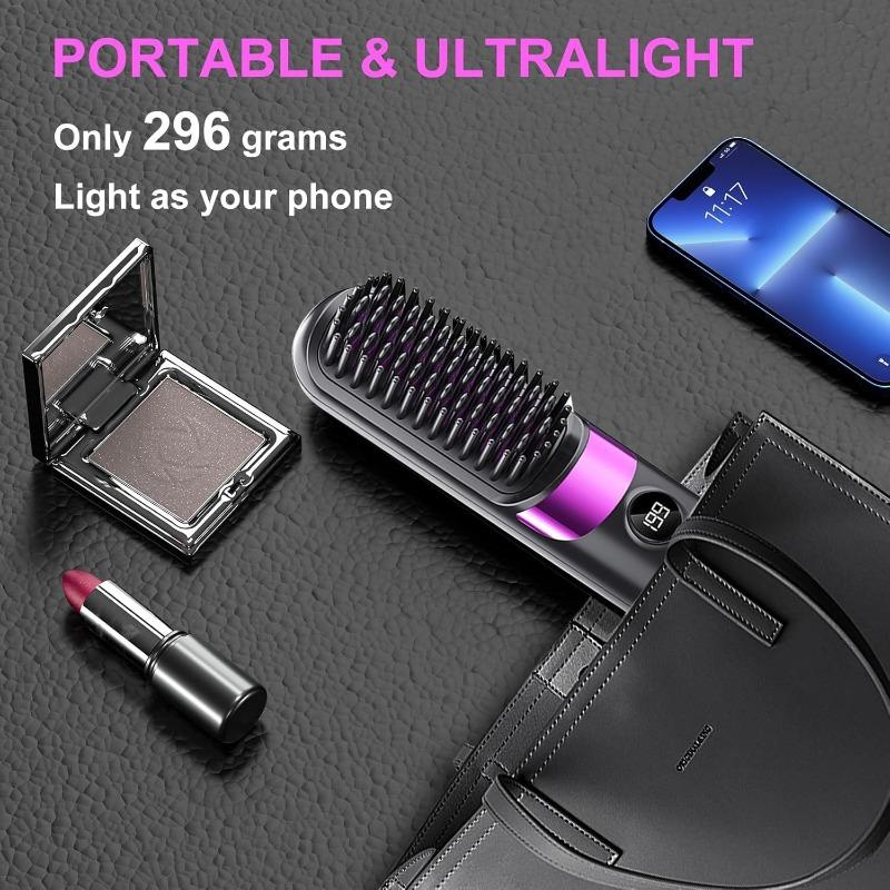 Wireless 2-in-1 Straightening Curling Comb Anti-Scald LED Display USB Rechargeable Portable for Home Travel All Hair Types