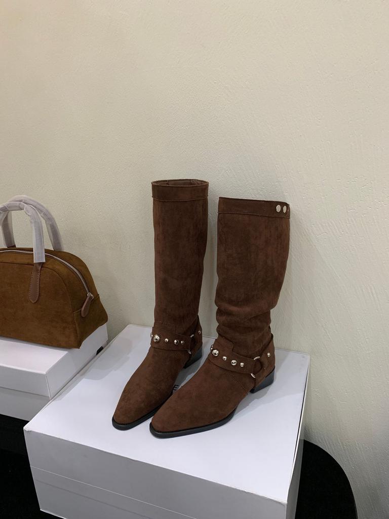 Retro Western Cowboy Boots Women's 2025 Autumn New Niche Design Belt Buckle Thick Heel High Knight Boots