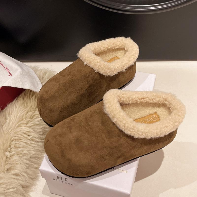 Fashion Winter New Baotou Slippers Women's Fashion Round Head Deep Mouth Suede Anti-slip Wear-resistant Flat Shoes