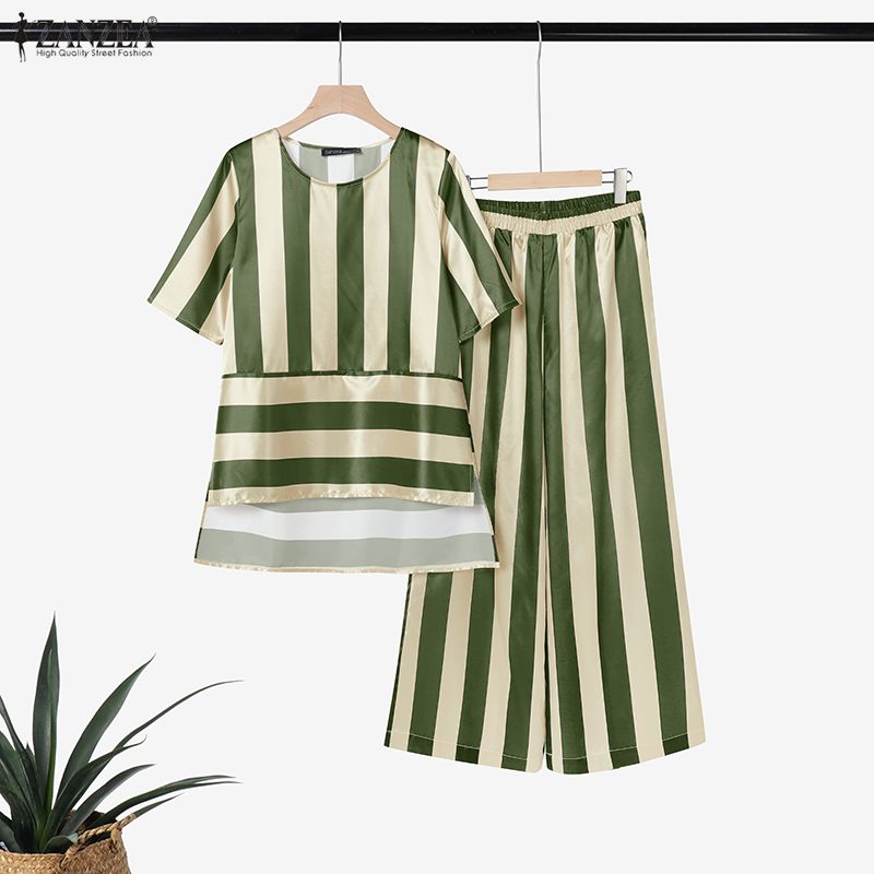 ZANZEA Women Short Sleeve Blouse and Pants Stripe Print Two Piece Suit Sets