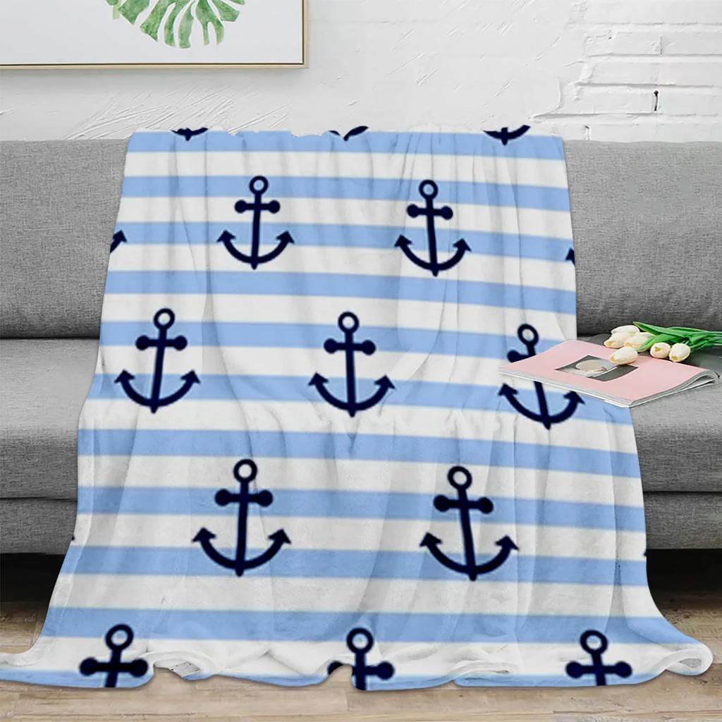 Nautical Blue Anchor Rudder Boat Fish Lighthouse Flannel Blanket Travel Picnic Blanket Portable Soft Bedspread Blankets for Beds