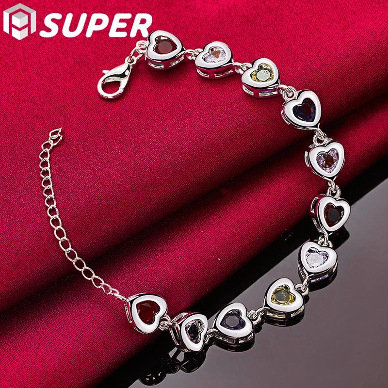 925 Sterling Silver Heart Inlaid With Multi-color AAA Zircon Bracelet Jewelry