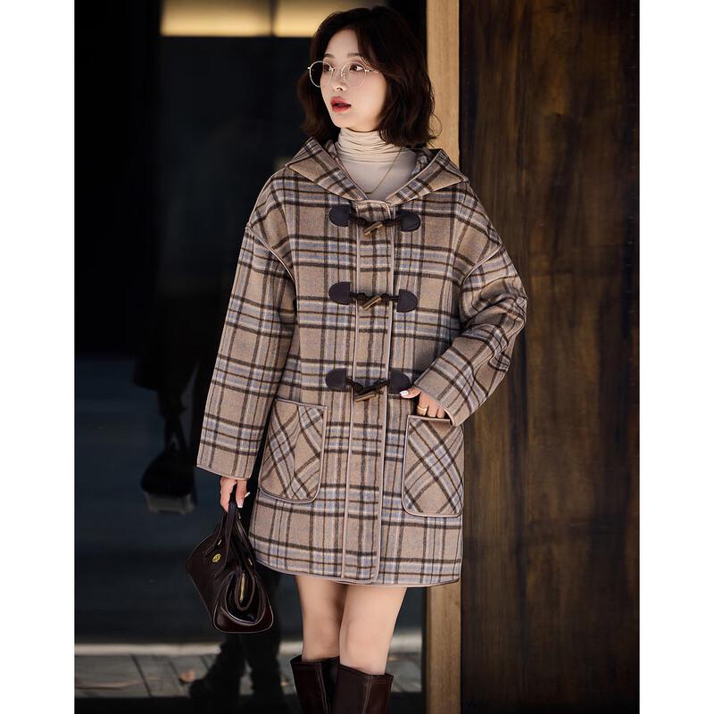 Demana Women's Miu Series Plaid Hooded Toggle Wool Coat