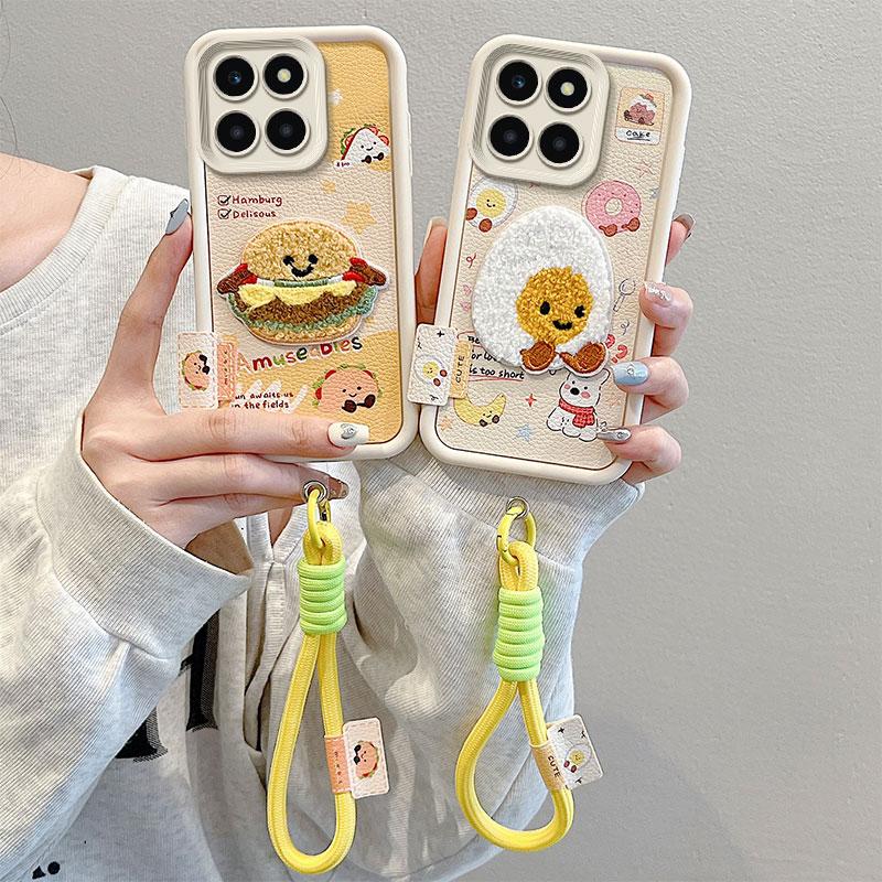 KEYSION Cartoon Cute Plush Embroidery Case for HONOR X6b X8c with Lanyard Silicone Shockproof Phone Cover for Huawei Honor X8c X6b