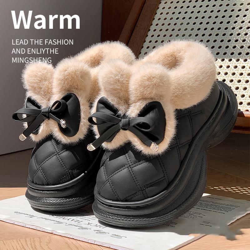 Cute Bowknot Faux Rabbit Fur Warm Snow Boots for Women Winter Thicken Plush Cotton Shoes Woman Thick Platform Fluffy House Shoes