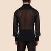 Schwarze durchsichtige Bluse für Herren Netz Durchsichtig Dünn Langarm V-Ausschnitt Revers Stilvolle einreihige Bluse Sexy Basic B