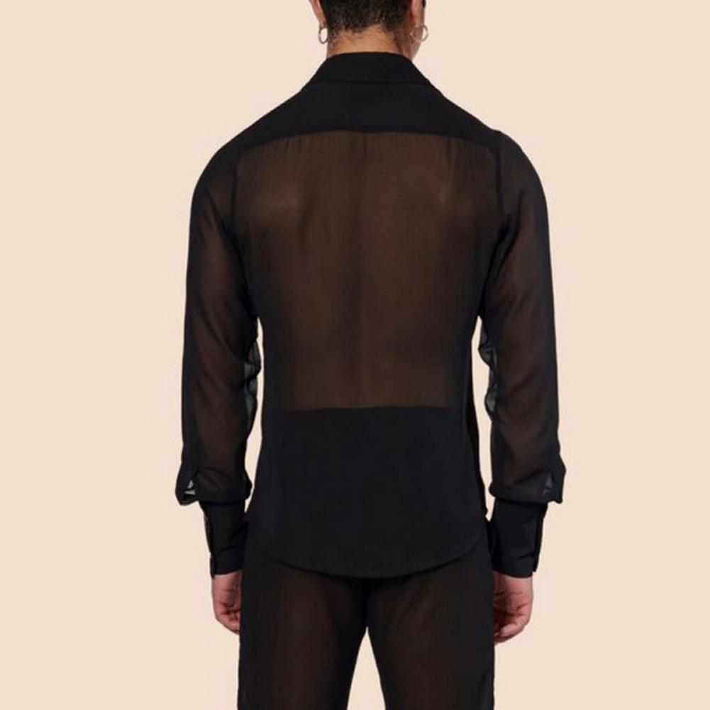 Schwarze durchsichtige Bluse für Herren Netz Durchsichtig Dünn Langarm V-Ausschnitt Revers Stilvolle einreihige Bluse Sexy Basic B