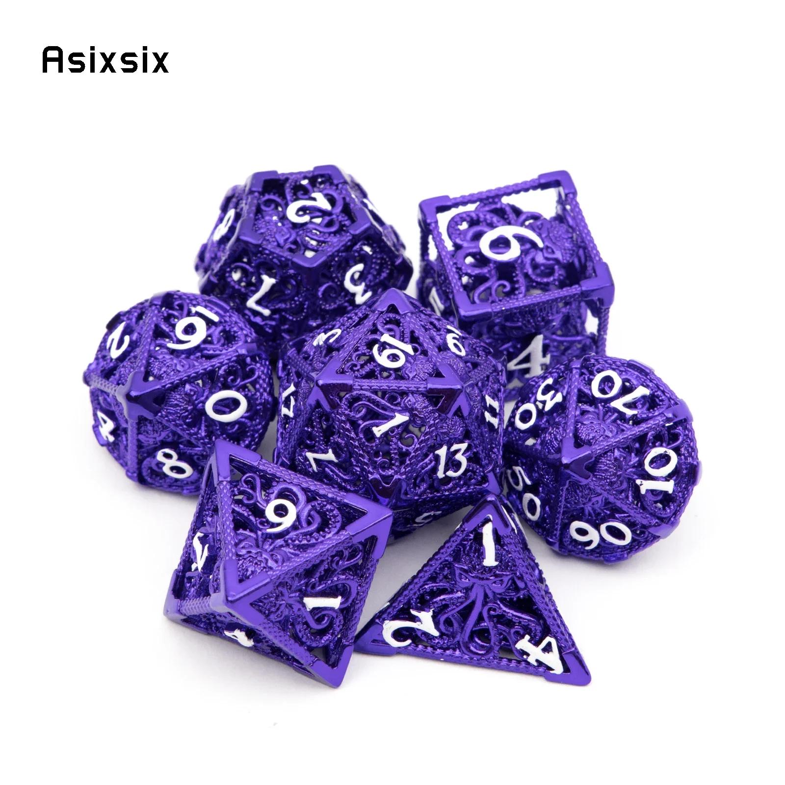 7 Pcs Purple White Squid Metal Dice Hollow Metal Polyhedral Dice Set Suitable For Role-Playing Game