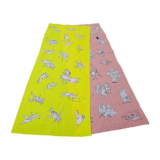 Sanshodo Tenugui Towel - Choju-giga (Scroll of Frolicking Animals) - Yellow T-21 - Kyoto Kozan-ji Temple National Treasure Scroll - Rabbit, Frog,