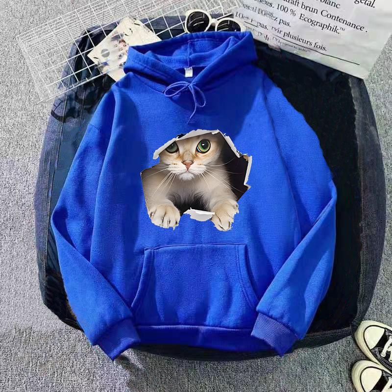 Autumn and Winter Cat Print Loose Hooded Sweatshirt 7013
