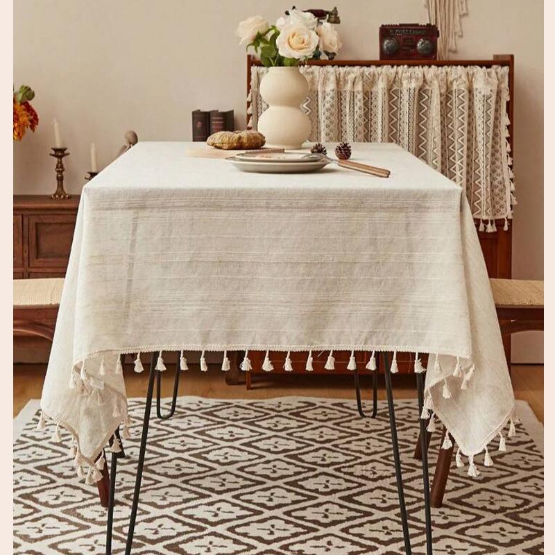 European Retro Cotton Linen Tablecloth Line Tassel Dining Table Dustproof Decorative Cover Cloth Kitchen Restaurant Party Desktop Protective Cover