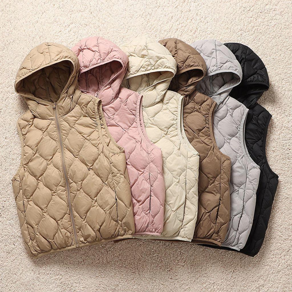 Women's Petite Hooded Lightweight Down Jacket, Autumn/Winter, Diamond Pattern, White Duck Down, Short Style.