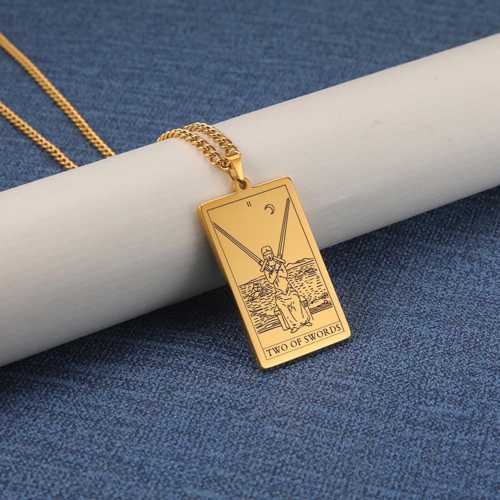 Dawapara The Suit of Swords Tarot Card Amulet Pendant Necklace Link Chain Stainless Steel Golden Black Jewelry