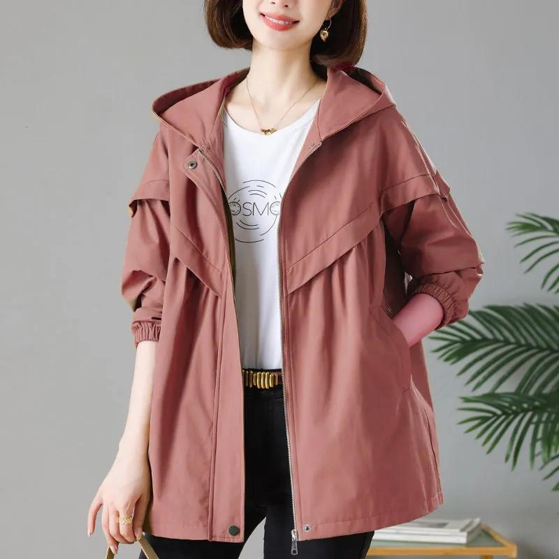 Wiatrówka Casual Duży Rozmiar Luźna Odzież Wierzchnia Kurtka z Kapturem Średniej Długości Kurtka Wiosenno-Jesienna Płaszcz Damski