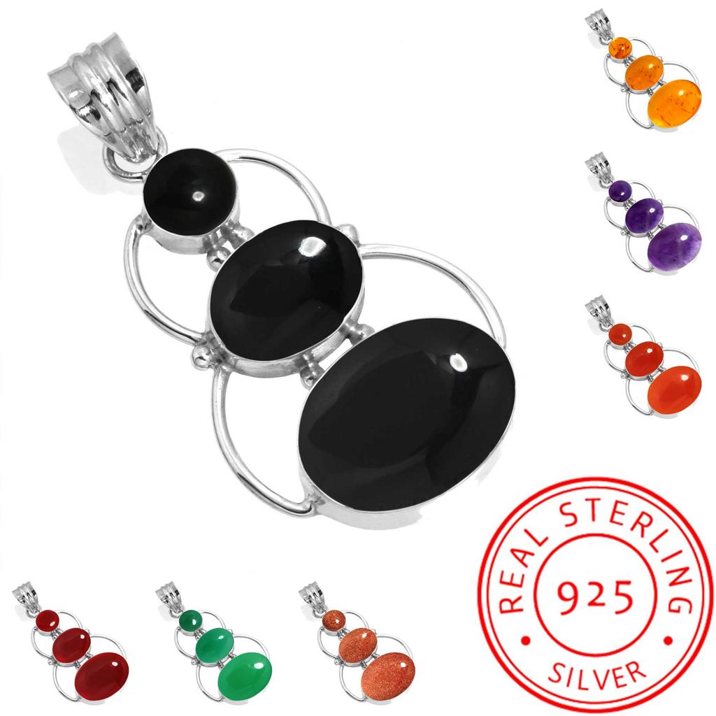 925 Sterling Silver Pendant Women Gemstone Handmade Jewelry Easter Gift Amber Amethyst Black Onyx Carnelian Garnet Quartz Green Onyx Gold Stone