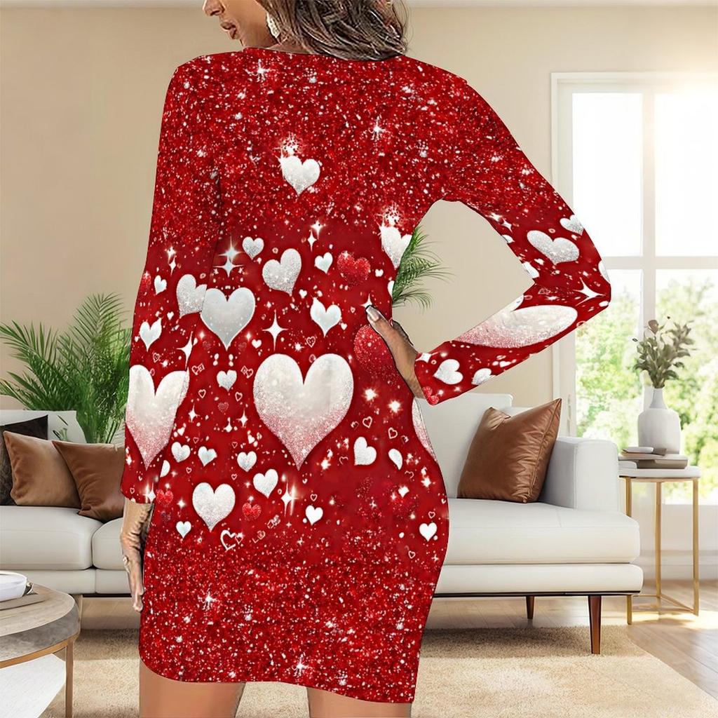 Podzim a zima 2025 Nové dámské módní šaty s 3D potiskem a barvením s motivem srdce, s dlouhým rukávem, kulatým výstřihem, obepínající boky, limitovaná edice ke Dni svatého Valentýna