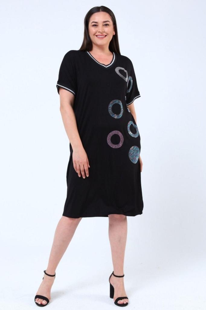 Damen Übergröße Kleid Plus Size Ringmuster Strass Schwarz