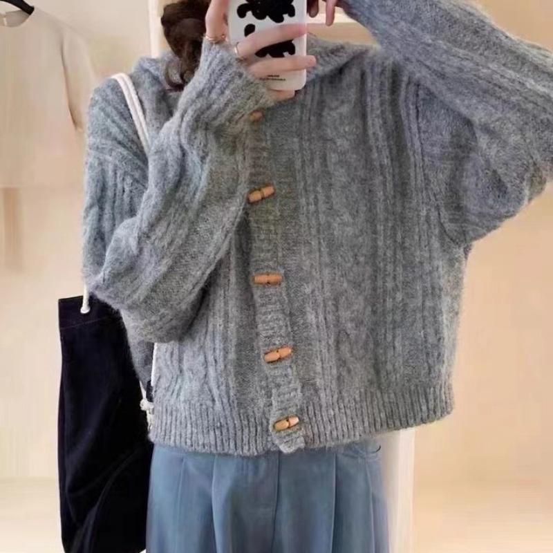 Retro twist hooded knitted cardigan top women's autumn and winter new loose lazy style solid color sweater jacket