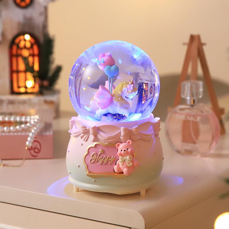 Creative Rotating Unicorn Crystal Ball Music Box with Luminous Snowfall