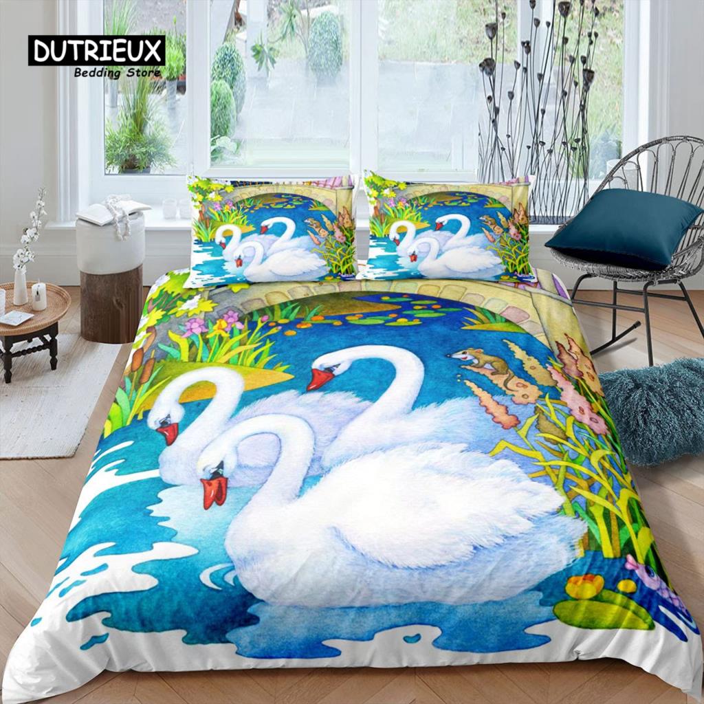 Swan Bedding Set Romantic Flowers Duvet Cover King Birds Wildlife Quilt Cover for Couple Lady Man Wedding Festival Party Decor