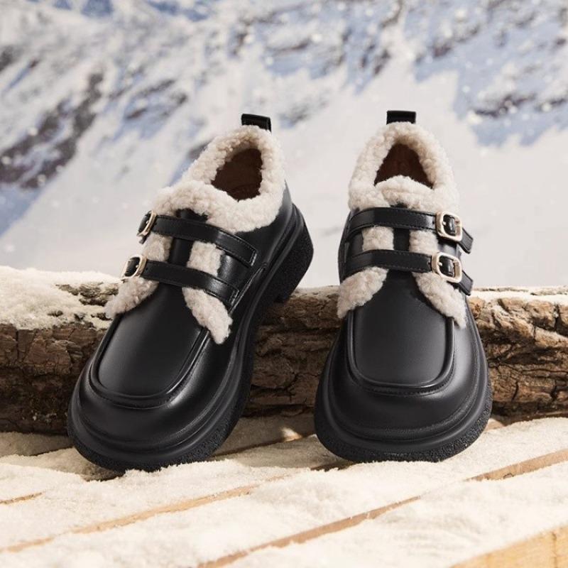 Thick-soled small leather shoes women's autumn and winter new fluffy shoes muffin velvet warm cotton shoes