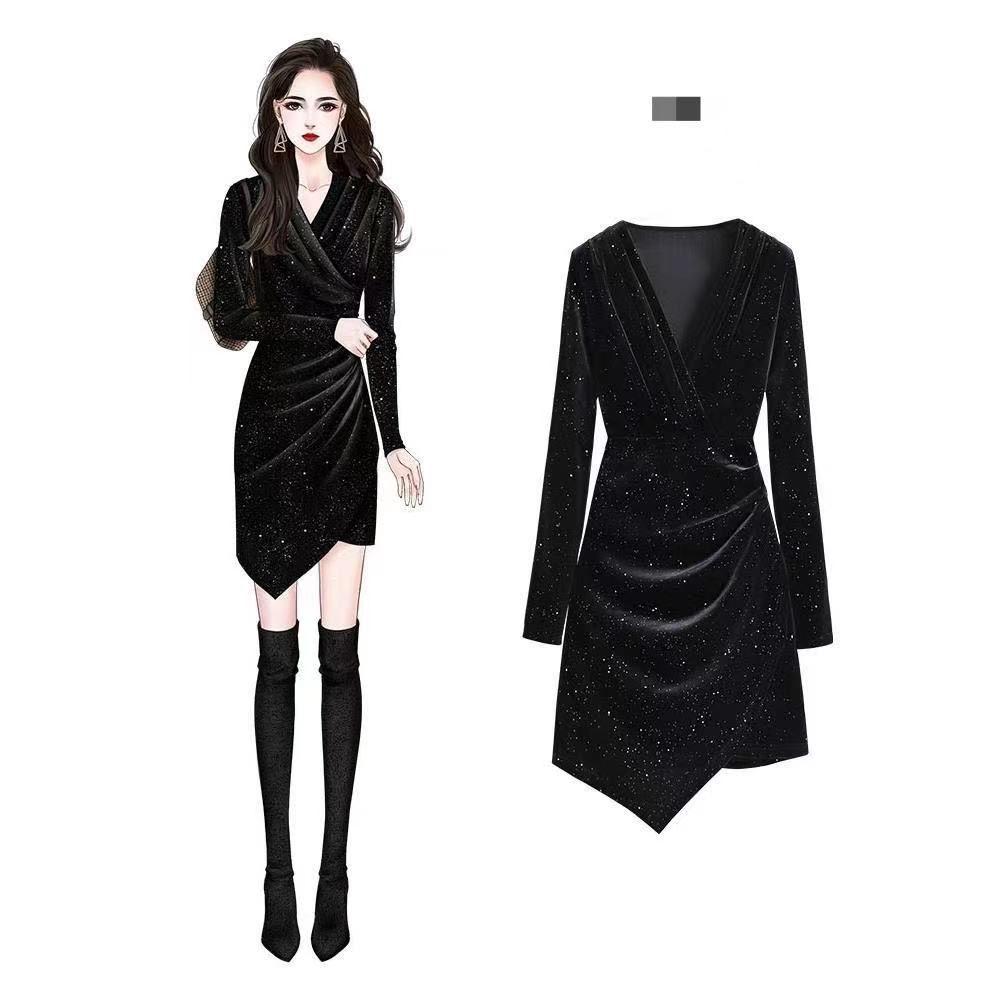 

Hepburn-Style Gold Velvet Sequin Skirt Dress - Slimming, Flattering Partywear for Autumn/Winter 2XL [Recommended 125-140 lbs]